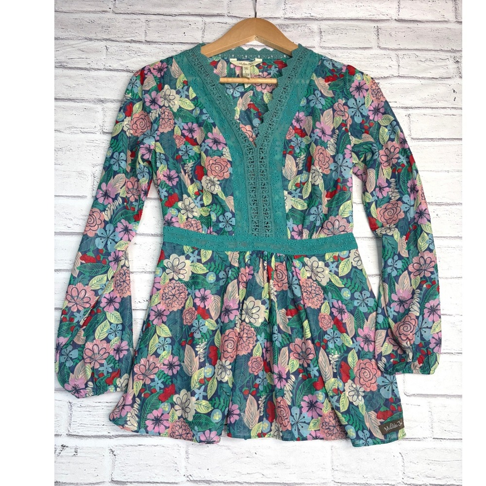 Matilda Jane Floral Crochet Lace Tunic Blouse XS Teal Pink Boho Balloon Sleeve